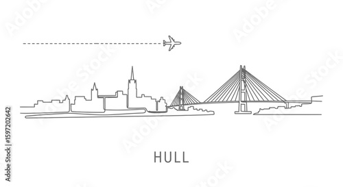 Hull Skyline Line Art with Bridge, Plane, and Travel.