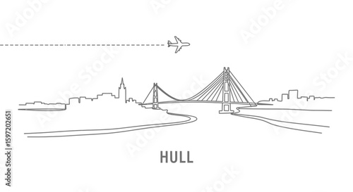 Hull Skyline Line Art with Bridge, and Airplane.