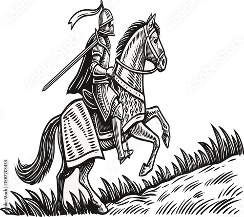 Knight in full armor riding a horse with a sword, depicted in a classic woodcut style
