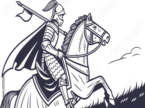 Medieval knight in full armor riding a horse holding a halberd with a cape flowing behind, dynamic action pose