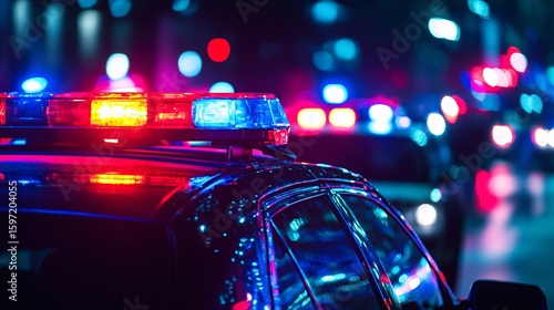Police car lights flashing at night, emergency vehicle in urban setting