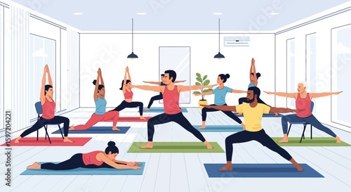 Yoga class group poses warrior pose stretching exercise fitness studio room
