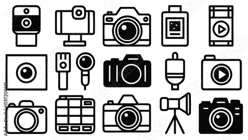 Collection of simple line art icons representing various photography and video equipment