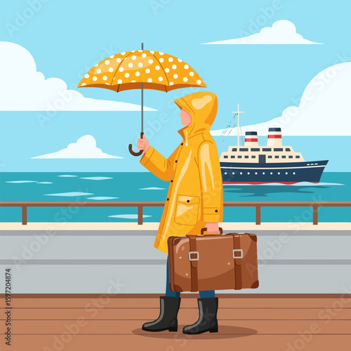 Person in Raincoat Standing on Pier with Suitcase and Umbrella