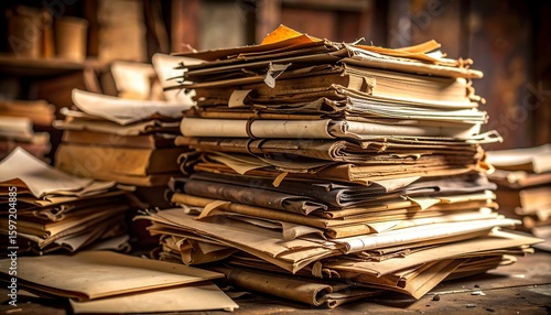 Stacked old books and papers