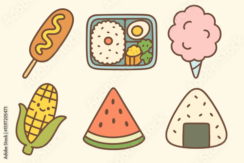 Colorful hand-drawn icons of festival snacks with soft tones and thin lines. Ideal for kids menus, fair graphics, and food court apps.
