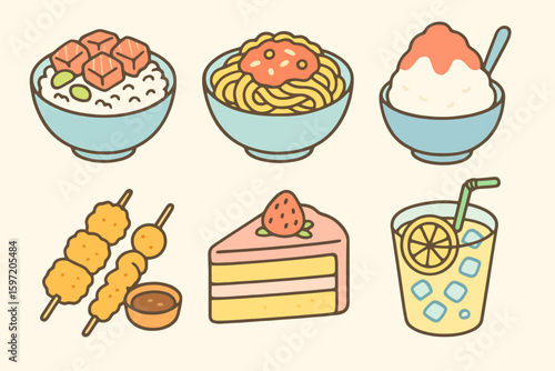 Cute cartoon food illustrations with thin outlines and warm tones. Great for food court graphics, street events, and children’s themes.