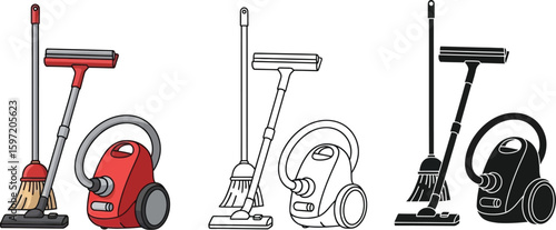 Cleaning tools illustration vector set broom vacuum cleaner squeegee cleaning equipment home hygiene supplies