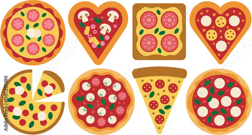  diverse array of pizza designs, including various shapes (round, heart, square, triangle) and toppings, along with a whole pizza with a slice removed. 