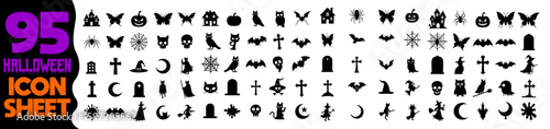 Halloween silhouette icon collection contains 95 seasonal themed elements Designed as a seamless black and white vector sheet