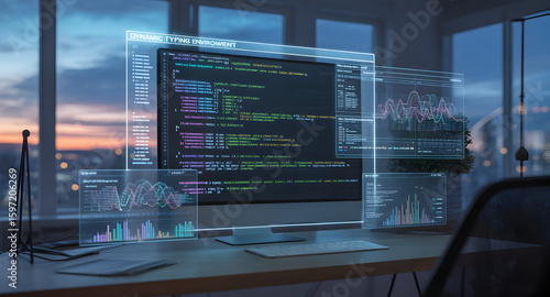 Modern computer workspace with data visualizations