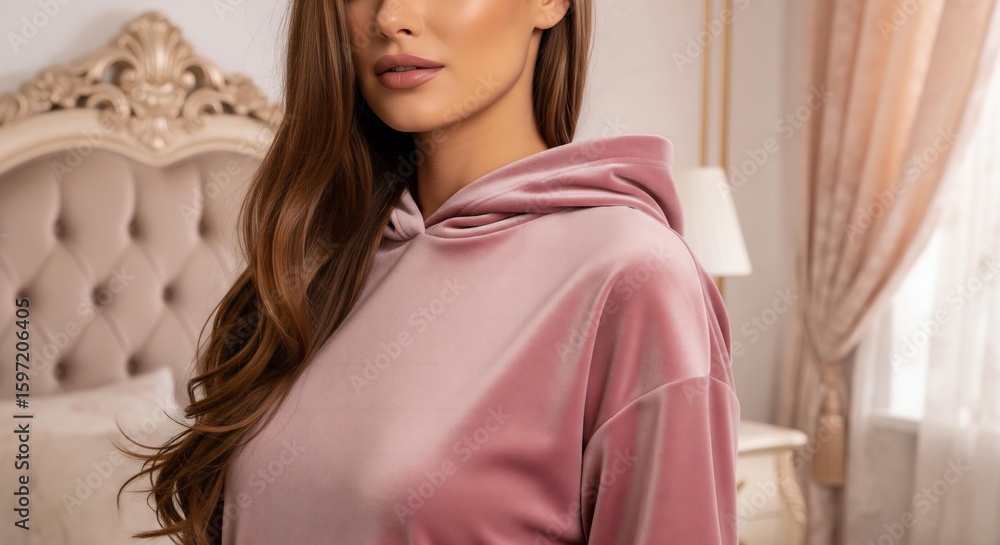 An aesthetic mockup of a woman wearing a blank, elegant, velour hoodie in a dusty rose color, in a luxurious, out-of-focus bedroom. An aesthetic mockup of a woman wearing a blank, elegant, velour hoodie in a dusty rose color, in a luxurious, out-of-focus bedroom.