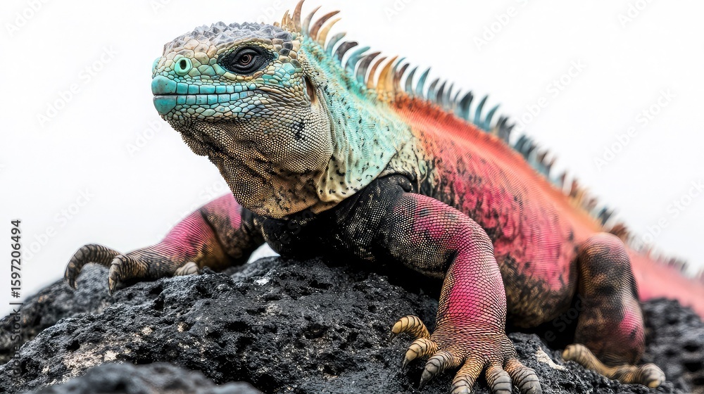 Fototapeta premium A colorful marine iguana resting on dark volcanic rock with a white background in close up view