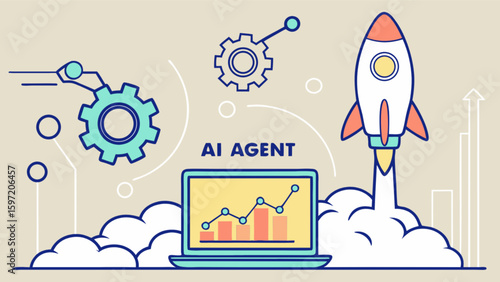 Illustration of ai agent with laptop, gears, and rocket launching on light beige background design