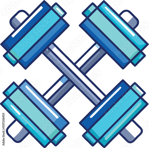 Two crossed blue dumbbells isolated on a white background representing fitness and strength training