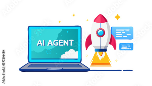 Laptop displaying ai agent next to a rocket ship launching with chat boxes and star accents around it