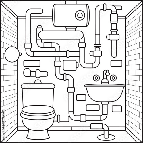Simple Line Art Illustration: Bathroom Plumbing System, Water Tank, Toilet, Sink, Pipes, Brick Wall, Minimalist Design