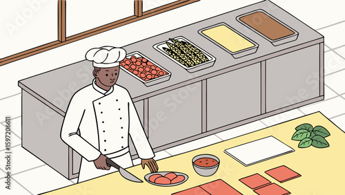 Chef preparing food with ingredients on a counter in a commercial kitchen environment setting scene