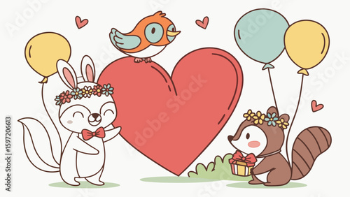 Cartoon animals celebrating with a heart shaped balloon and gifts in a festive and loving scene