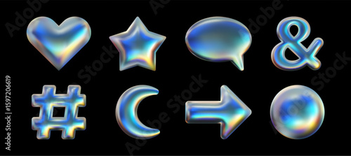 Holographic metallic vector 3d icon set. Abstract chrome elements isolated. Liquid shining shape collection