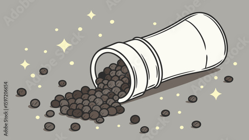 Illustration of a pepper grinder on its side with peppercorns spilling out onto a gray surface