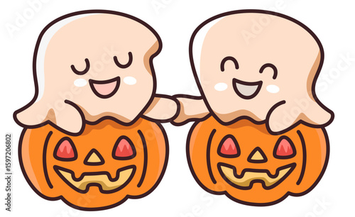 Cute halloween ghost characters smiling happily sitting on carved pumpkin faces with bright orange color and joyful expression