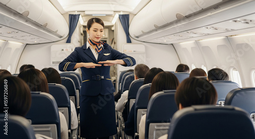 Flight attendant demonstrates safety procedures to passengers aboard an airplane.