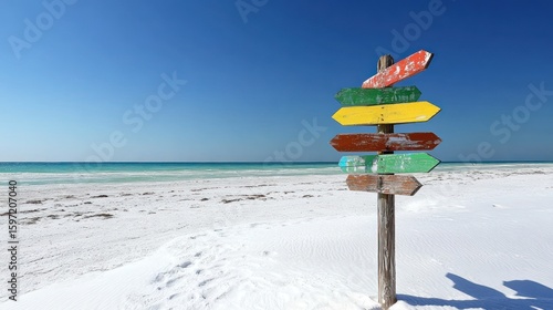 Colorful beach signpost, direction, ocean, turquoise water, travel, sunny day, vacation, guide