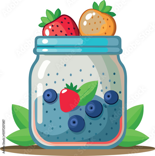 Healthy overnight oats with fresh strawberries and blueberries in a glass jar