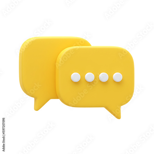 Bright yellow 3d chat bubbles with dots indicating conversation or messaging isolated on transparent background