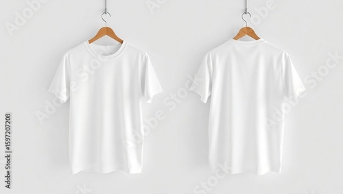 mockup of a white short sleeve t-shirt on a wooden hanger with a white background.