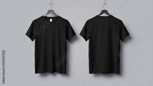 mockup of a black short sleeve t-shirt on a wooden hanger with a white background.