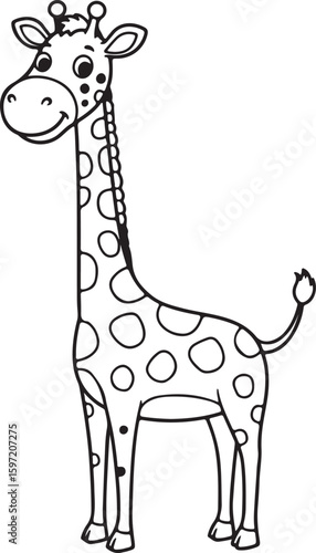 Smiling giraffe cartoon character standing tall, simple spots, black and white for kids coloring pages