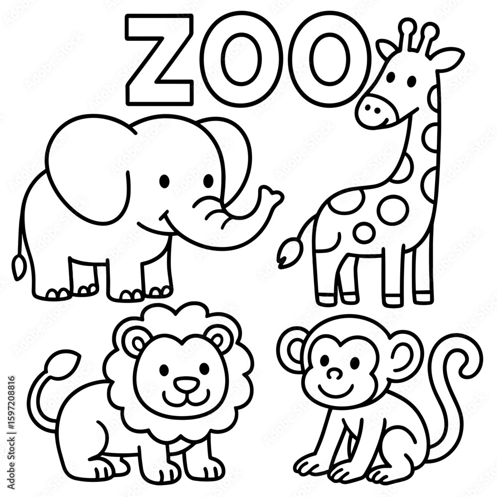 Naklejka premium Cartoon animals in black and white with zoo theme for coloring 