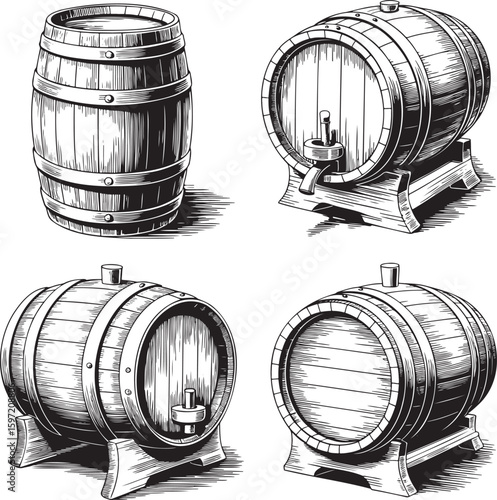 Hand drawn style old wooden wine barrel isolated on transparent background