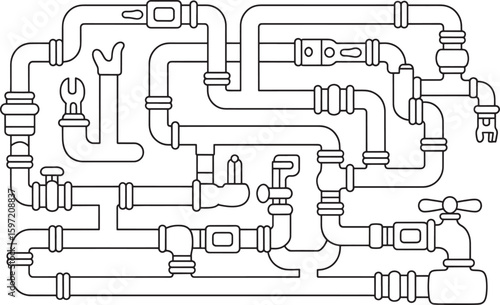 Complex Plumbing System Diagram: Line Art, Technical Illustration, Industrial Design, plumbing, technical drawing, water supply, pipes and fittings, plumbing system