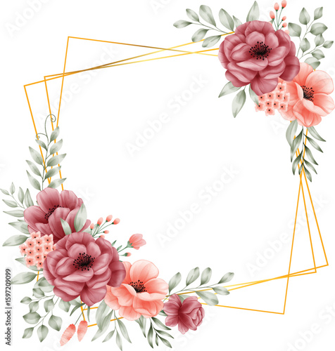 Gold Frame With Bouquet Of Maroon Flowers And Peach Blossoms Watercolor