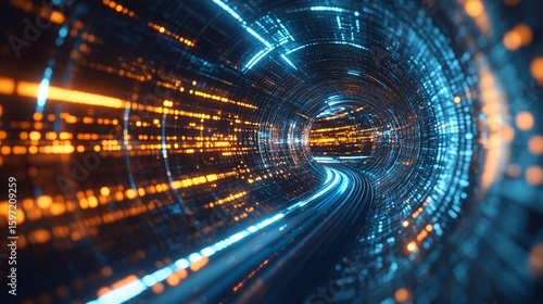 Glowing Data Tunnel with Blue and Orange Light Streaks, Futuristic Technology