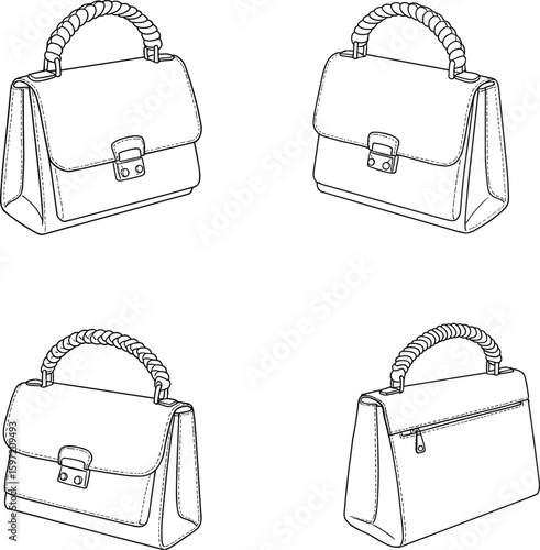Braided handle handbag sketch front and back views, flap closure with buckle, zipper pocket design, fashion accessory drawing, stylish template, apparel