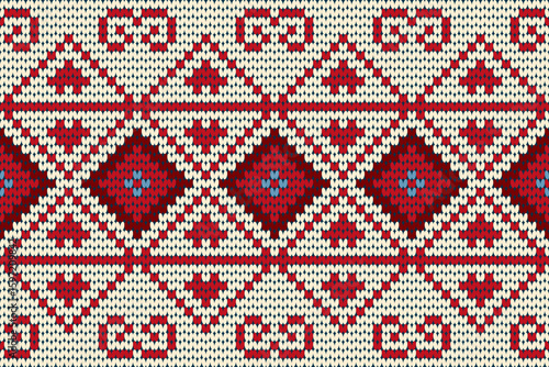 Classic knitted pattern with bold red diamonds, navy accents, and cream background. Perfect for cozy textiles, retro crafts, winter designs, and handmade-inspired creative projects.