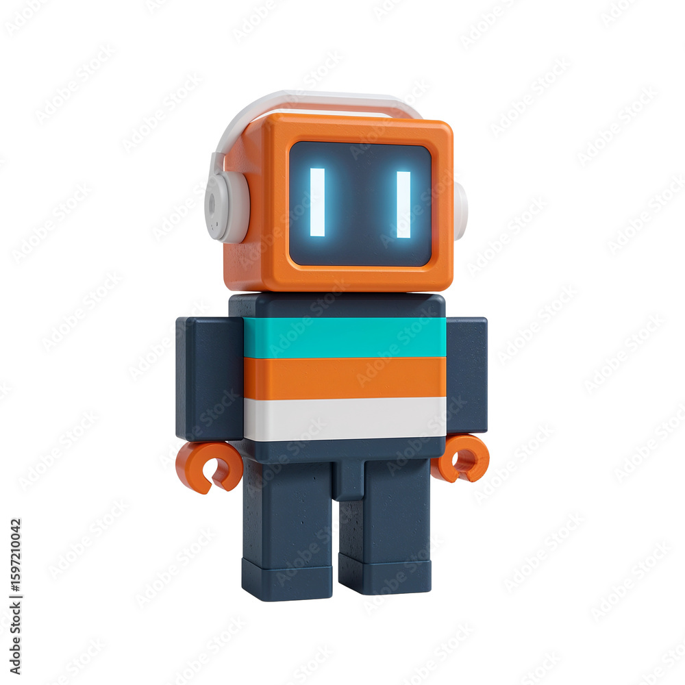 Fototapeta premium Stylized 3D robot character with headphones, glowing screen face, and retro fashion aesthetic