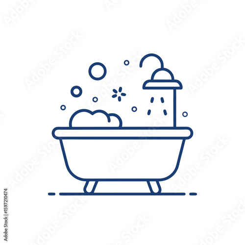 Bath and shower, Outline icon of a  bathtub with overhead shower fixture, representing bathroom and hygiene concepts.