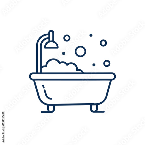 Bath and shower, Outline icon of a  bathtub with overhead shower fixture, bathroom and hygiene concepts.