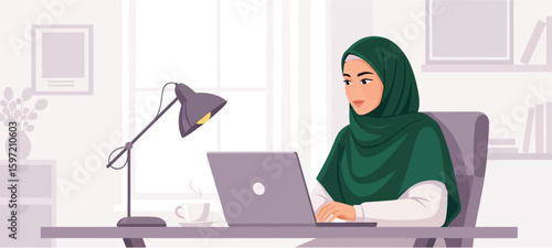 Muslim woman working from home on laptop vector illustration graphic design