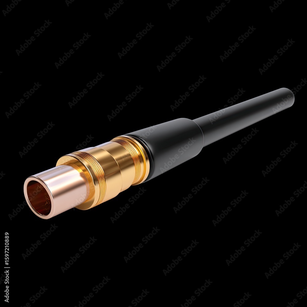 Fototapeta premium Detailed Close-up of Electrical Connector with Glossy Black Finish and Copper Elements on Black Background