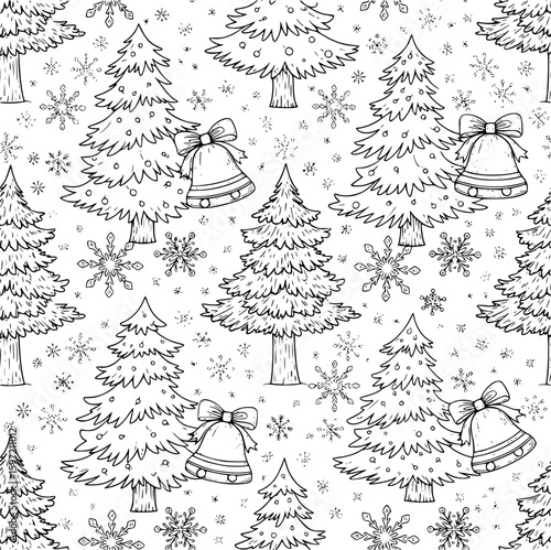 A charming black and white doodle pattern showcasing christmas trees and bells amidst a flurry of snowflakes