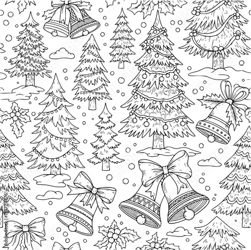 A charming black and white doodle pattern showcasing christmas trees and bells amidst a flurry of snowflakes and holly