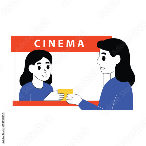 Illustration of a woman buying a ticket to watch a movie