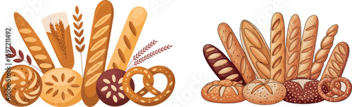  two vibrant arrangements of various baked goods, showcasing a range of breads, baguettes, rolls, and pretzels. The warm, inviting colors and detailed textures highlight the freshness and appeal  