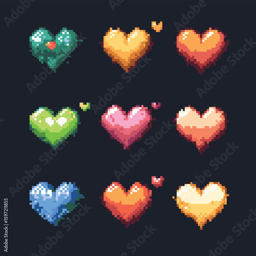 Pixel game life bar. Pixel art heart for 8 bit game health bar, hearts icons for love level scale. Gaming controller, vector symbols set